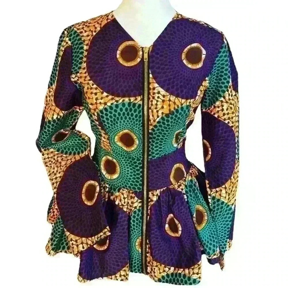 NWT Shenbolen African print dashiki cloth zip up long sleeve peplum blouse S - Picture 1 of 8